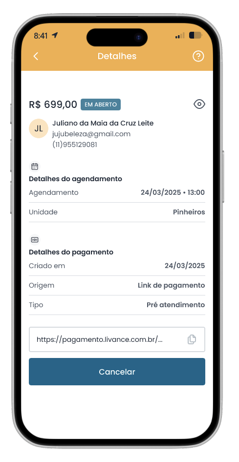 Tela de cancelamento do link de pagamento